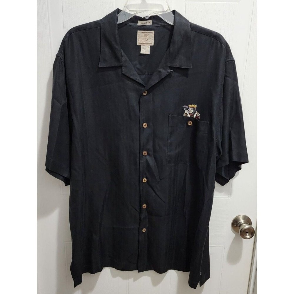 LUAU MENS LARGE 100% FINEST SILK BLACK SHIRT BLACKJACK GAMBLER SMOKING KING - Picture 2 of 11